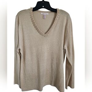 JM Collection Beige Sweater with Pearl Detail